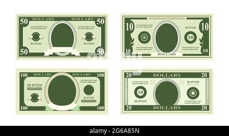 Vector illustration of fake dollars banknotes. Bill one hundred dollars suitable for discount cards on white background in flat style. Stock Vector