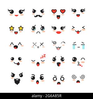 Vector illustration set of cute vector faces with different emotions, emoji collection on white background. Stock Vector
