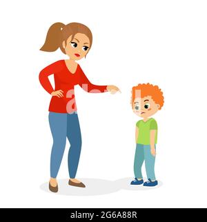 Vector illustration of mother character scolding her upset son, mom punishes son concept in flat cartoon style. Stock Vector