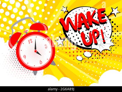 Vector illustration of alarm clock ringing, wake up text on the background. Bright cartoon pop art concept in retro style. Stock Vector