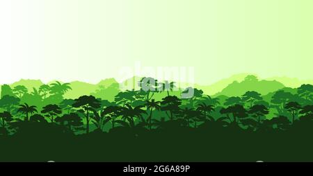 Vector illustration of horizontal panorama tropical rainforest in silhouette style with trees and mountains, jungle concept. Stock Vector
