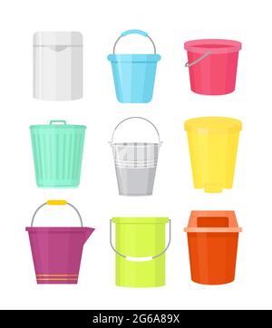Vector illustration set of colorful buckets different shapes. Containers with handle in cartoon flat style on white background. Stock Vector