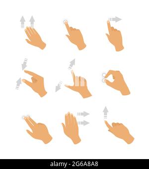Vector illustration set of touch screen hand gestures with grey color arrows showing direction of movement of fingers isolated on white background in Stock Vector