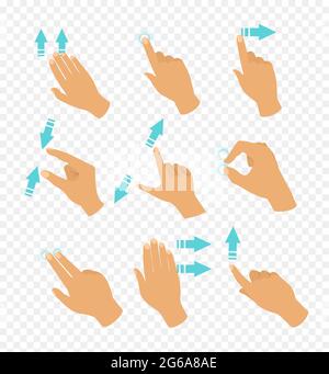 Vector illustration set of hands in different positions touch screen gestures, fingers move by blue color arrows showing direction of movement of Stock Vector