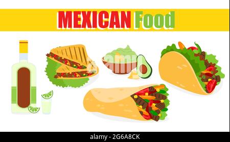 Vector illustration of traditional Mexican food, label on white background. Mexican ethnic cuisine, tacos, guacamole, sambuca, menu design elements in Stock Vector