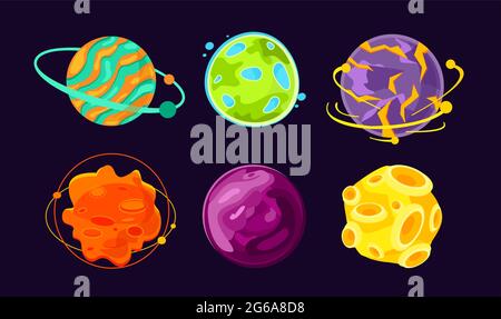 Vector illustration set of cartoon planets, Space, asteroid, colorful fantastic world icons. Stock Vector