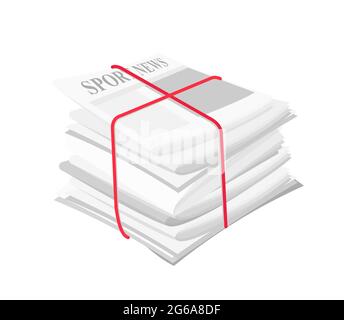 Vector illustration pile of newspapers with media information, sport news, banded with a red ribbon. Paper tabloid concept on white background in flat Stock Vector