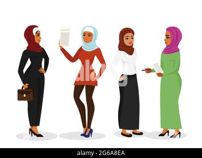 Vector illustration set of beautiful business arab woman in traditional muslim clothes talking and smiling together, character with hijab in flat Stock Vector