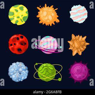 Vector illustration set of bright color cartoon fantastic planets and cosmic objects on space background in flat style. Stock Vector