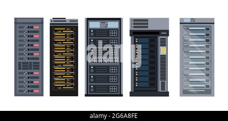Vector illustration set of various cartoon server racks, different types of server rack collection of elements in flat design. Stock Vector