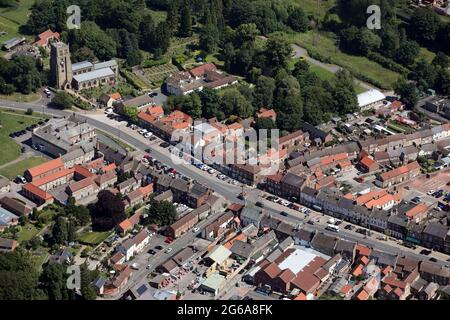 aerial view of Bedale town centre with the famous Market Place and also St Gregory's Church, North Yorkshire Stock Photo