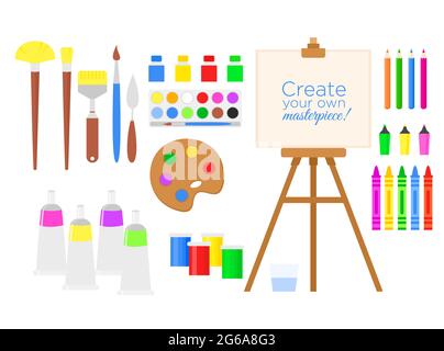 Vector illustration set of tools and materials for creativity and painting, paint, easel and brushes. Drawing equipment collection in flat cartoon Stock Vector