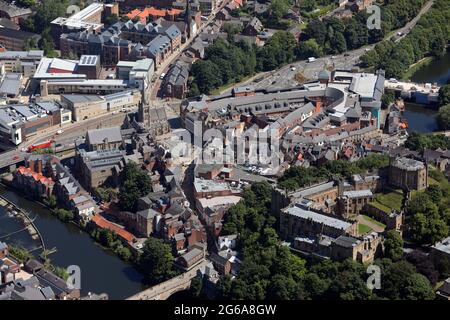 aerial view of Durham city centre looking north east up Silver Street to the Market Place with Durham Castle in the right foreground Stock Photo