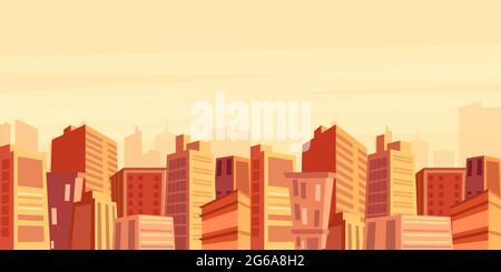 Vector illustration of beautiful big city view with skyscrapers in sunset time, cityscape, modern city concept in flat cartoon style. Stock Vector