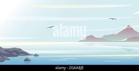 Vector illustration of beautiful blue sea, sky background and mountains, morning time, ocean in flat style and pastel colors. Stock Vector