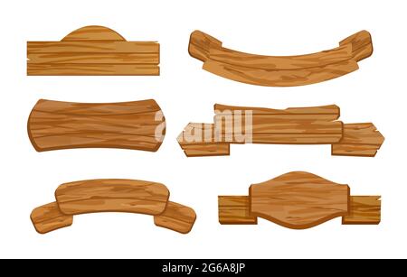 Vector illustration set of blank or empty, wooden planks or sign boards for store. Old retro style banners with signs for messages in flat style. Stock Vector