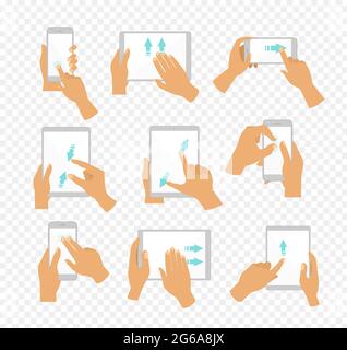 Vector illustration set of flat hand icons showing commonly used multi-touch gestures for touchscreen tablets or smartphones, fingers touch screen and Stock Vector