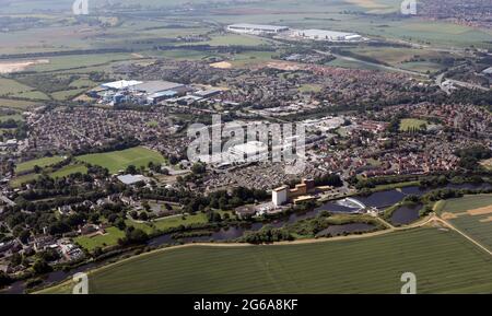 aerial view of Knottingley town skyline looking south towards the A1(M) Stock Photo