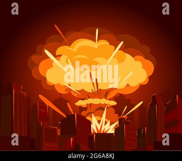 Vector illustration of atomic bomb in city. War and end of world concept in flat style. Dangers of nuclear energy. Stock Vector