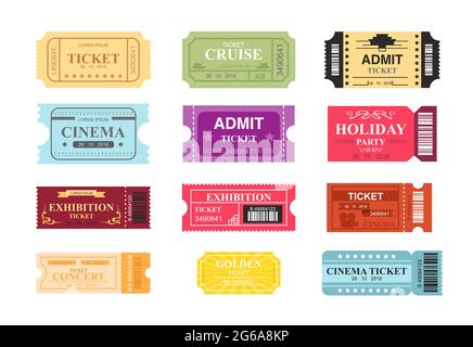 Vector illustration collection of colorful tickets with place for text. Tickets to cinema, theatre and circus in retro design, flat cartoon style. Stock Vector