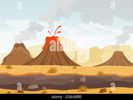 Vector illustration of prehistoric landscape with volcano eruption, lava and smoky sky, landscape with mountains and volcanoes in flat cartoon style. Stock Vector