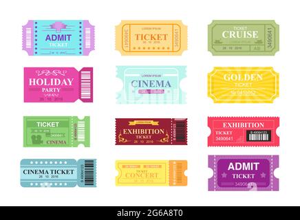 Vector illustration set of different movie tickets, cinema and circus. Colorful and bright tickets collection in flat cartoon style. Stock Vector