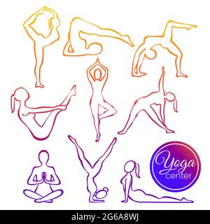 Vector illustration set of yoga poses in line silhouette style. Colorful Fitness Concept, healthy lifestyle. Stock Vector