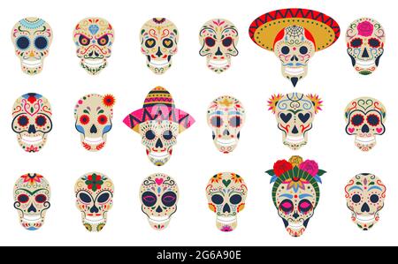 Dia de los muertos skulls. Day of the dead festival skulls, floral sugar human head bones vector symbols set. Mexican death holiday decoration Stock Vector