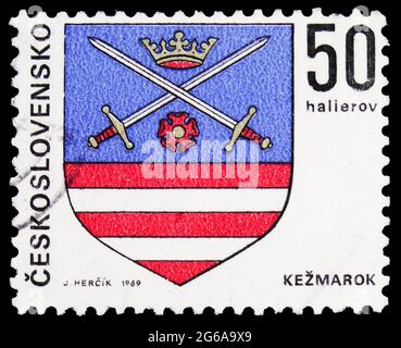 MOSCOW, RUSSIA - APRIL 18, 2020: Postage stamp printed in Czechoslovakia shows Kezmarok, Coats of arms of the Czechoslovak cities serie, circa 1969 Stock Photo