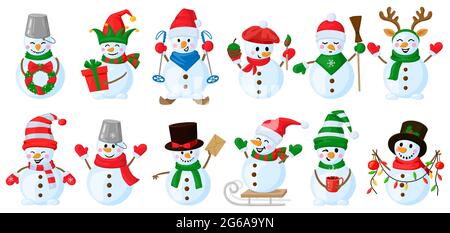 Cartoon snowmen. Christmas funny snowman characters, cute snowman wearing hat and scarf vector illustration set. Winter holidays snowman characters Stock Vector