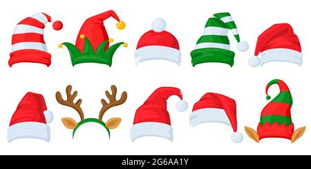 Christmas celebration hats. Cartoon Santa Claus, elf and reindeer horns masquerade hats vector illustration set. Xmas holiday celebration hats Stock Vector