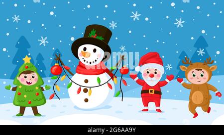 Cartoon kids and snowman. Children in Christmas costumes playing outdoor, winter holiday activities vector illustration. Happy kids playing with Stock Vector