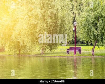 Empty park with fresh green grass, trees and a bench. Alexandru Ioan Cuza or Titan park in Bucharest, Romania. Stock Photo