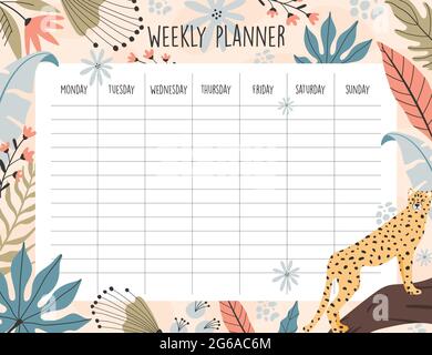Weekly planner template. Tropical cheetah background, hand drawn illustrations. Stock Vector
