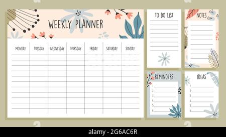 Tropical weekly planner template and set of paper notes, with hand drawn illustrations Stock Vector