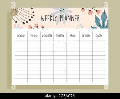 Tropical weekly planner template, with hand drawn illustrations Stock Vector
