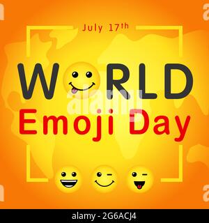 Happy world emoji day creative square congrats. Isolated abstract graphic design template. Smile icons and bright text. Vector sign. Cute funny colorf Stock Vector