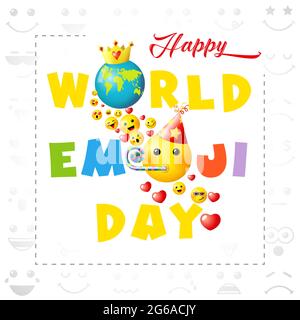 Happy world emoji day creative square congrats. Isolated abstract graphic design template. Smile icons and bright text. Vector sign. Cute funny colorf Stock Vector