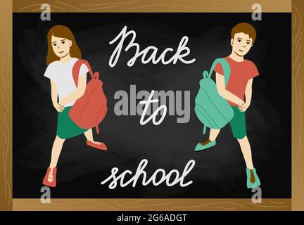Back to school chalkboard with text, two schoolchildren girl and boy with schoolbags on blackboard background vector illustration. Stock Vector