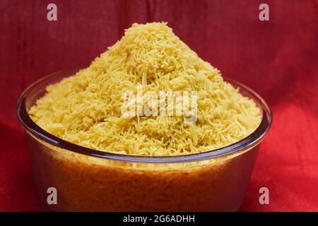 Side view of Nylon sev namkeen also known as Jheeni sev or Barik sev ...
