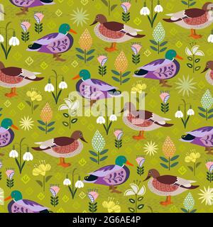 Duck and drake are looking at each other in a park with folk flowers. The design celebrates the flora and fauna when warmer weather arrives. 4 surface Stock Vector