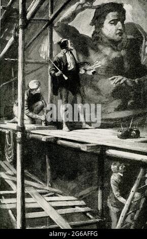 The 1912 caption reads: “Michelangelo at work in Vatican.  None but Michelangelo could have conceived and painted the great picture of Last Judgment that stands out instinct with power and majesty on the wall of the Sistine Chapel.  It never ceases to astonish men.” Michelangelo di Lodovico Buonarroti Simoni, known simply as Michelangelo (1475-1564), was an Italian sculptor, painter, architect and poet of the High Renaissance born in the Republic of Florence, who exerted an unparalleled influence on the development of Western art. Stock Photo