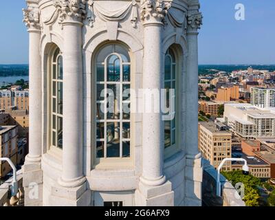 Photograph of the cupola on the top of Wisconsin's State Capitol Building on a beautiful summer morning. Madison, Wisconsin, USA. Stock Photo