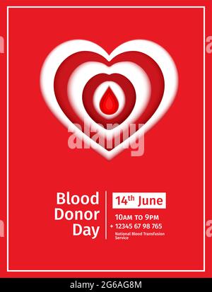 World Blood Donor Day 14 June vector paper cut poster. Papercut flyer blood drop and heart paper on red background. Vector medicine 3d illustration Stock Vector