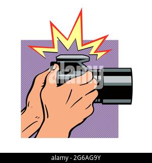Male hands with a camera. Click and flash. The work of a photographer and a reporter. Vector illustration in pop art style Stock Vector