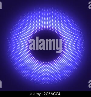 Neon glowing dots around the circle frame. Vector halftone Points of blue color lights in round shape. Abstract geometric technology background of Stock Vector