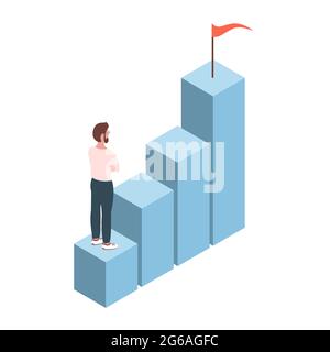 A young modern man is climbing the career ladder. Vector isolated illustration about business and success. Isometric style Stock Vector