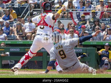 Atlanta, United States. 12th June, 2022. Pittsburgh Pirates catcher Michael  Perez (5) reacts after striking out during a MLB regular season game  against the Pittsburgh Pirates, Sunday, June 12, 2022, in Atlanta