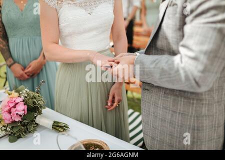 Bride and groom exchanging rings at their wedding close up. Stock Photo