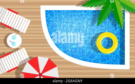 Swimming pool with swimming rings, umbrella and deck chair. Top view. Summer vacation hotel club resort concept, pool party. Vector illustration. Stock Vector